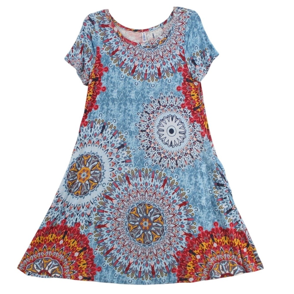 KORSIS Womens Mandala Floral Print T-Shirt Dress Blue Red A-Line Pockets Medium